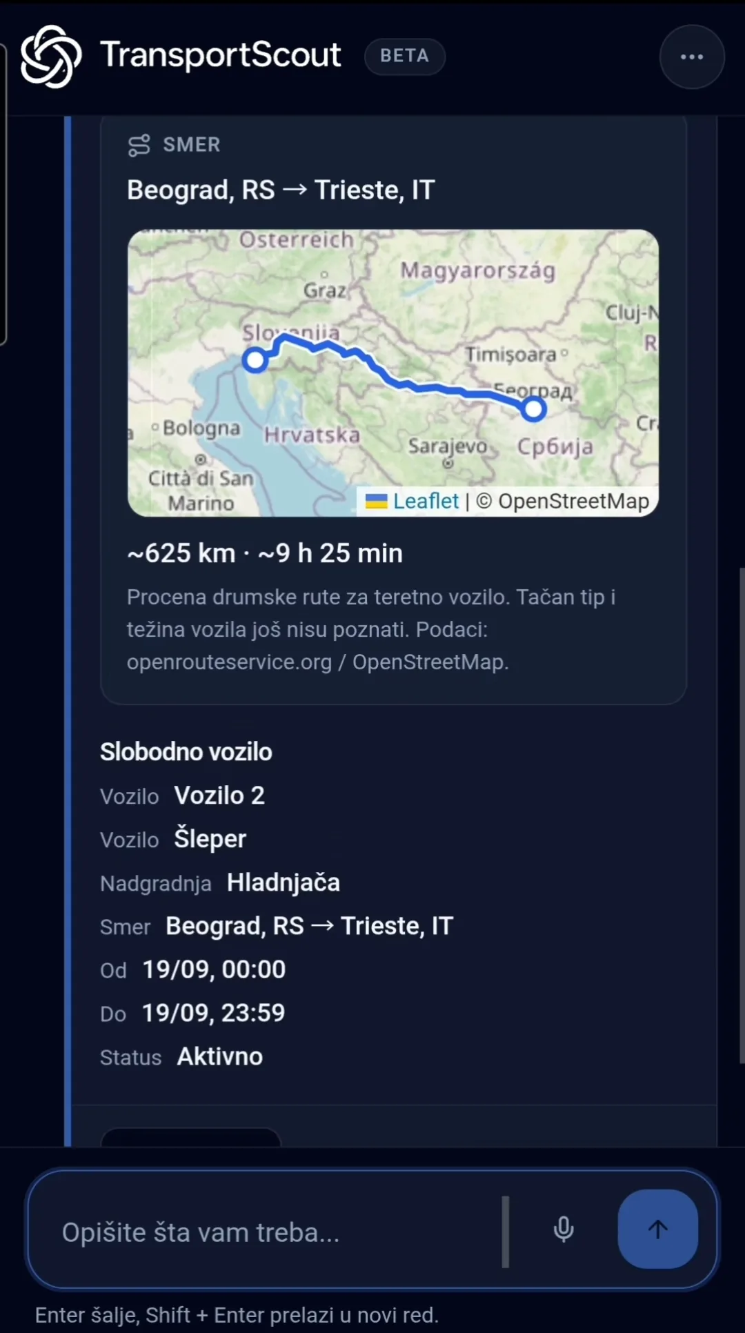TransportScout prikaz slobodnog vozila i rute Beograd - Trst